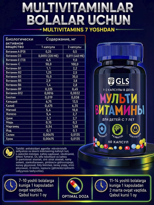 GLS Мультивитамины для детей и подростков, витамины и минералы, 60 капсул