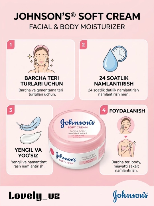 Johnsons 24 hour namlantiruvchi kremi, terini parvarish qilish va yuzni namlash uchun universal krem