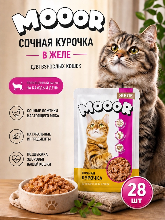 Mooor mushuklar uchun nam yem jeledagi sersuv tovuqcha, 75 gr 28 dona - 
