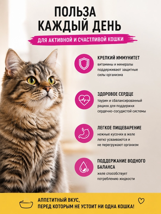 Mooor mushuklar uchun nam yem jeledagi sersuv tovuqcha, 75 gr 28 dona