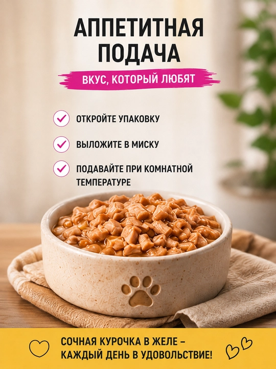Mooor mushuklar uchun nam yem jeledagi sersuv tovuqcha, 75 gr 28 dona