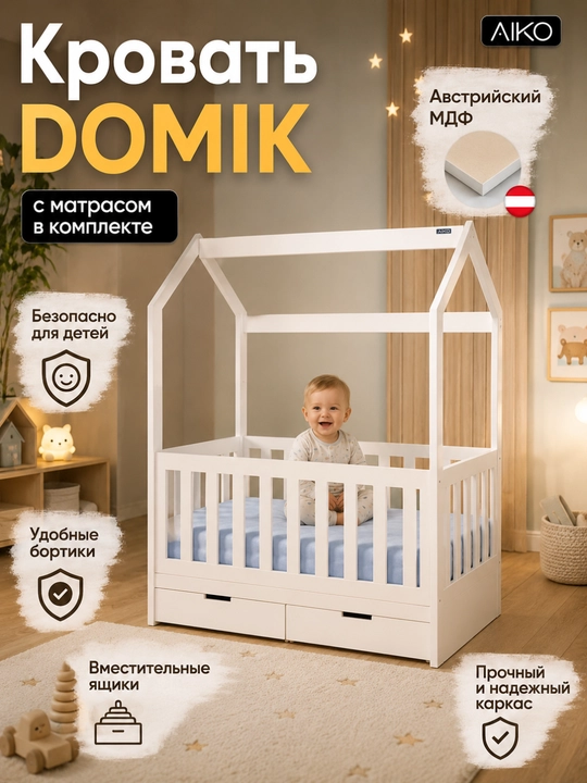 Bolalar uchun krovat va matras AIKO Domik, bolalar krovatkasi, 36 x 75 x 180 sm - 