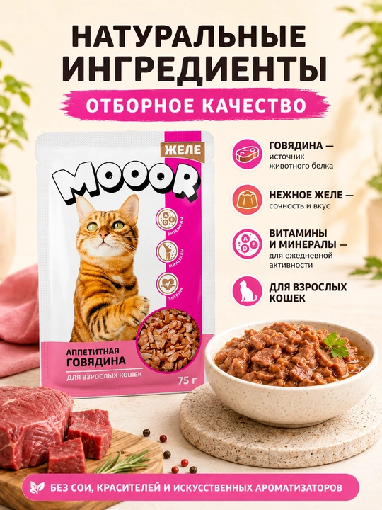 Mooor mushuklar uchun nam yem jeledagi mol go‘shti, 75 g 28 dona