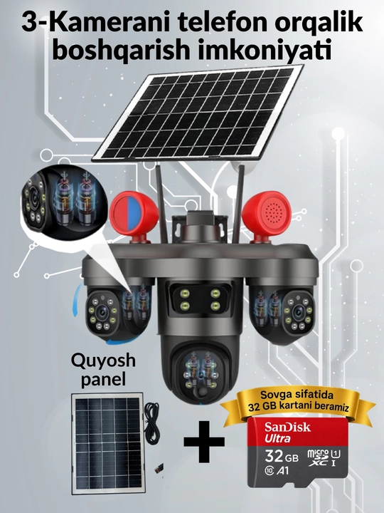 4G Quyosh panel kamera 32Gb 3x3MP=9MP sim kartaga ishlayd ichkari va tashqariga mos 360PTZ - 