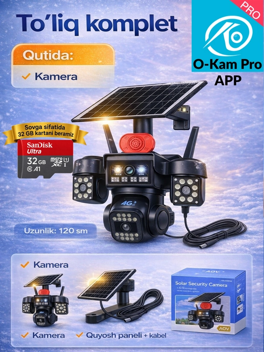 4G Quyosh panel kamera 32Gb 3x3MP=9MP sim kartaga ishlayd ichkari va tashqariga mos 360PTZ