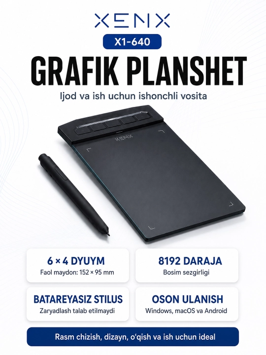 Rasm chizish uchun XENX grafik plansheti, 8192 bosim darajasi, batareyasiz stilus - 