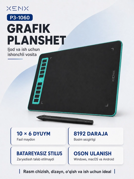 Rasm chizish uchun XENX grafik plansheti, 8192 bosim darajasi, batareyasiz stilus - 