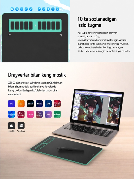 Rasm chizish uchun XENX grafik plansheti, 8192 bosim darajasi, batareyasiz stilus