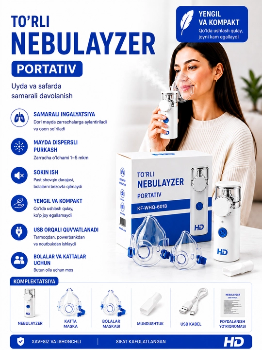 Portativ mesh nebulayzer, portativ ingalyator, bolalar va kattalar uchun inhalyator
