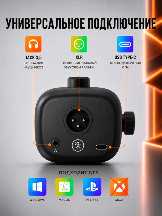 Микрофон для стримов, озвучки и ПК игровой с подсветкой USB, профессиональный