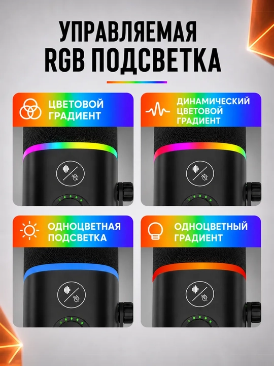 Микрофон для стримов, озвучки и ПК игровой с подсветкой USB, профессиональный