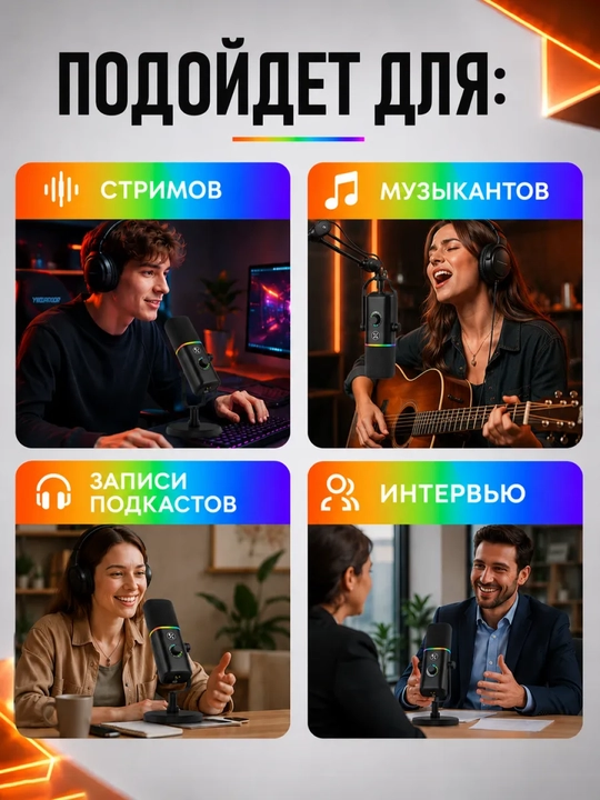 Микрофон для стримов, озвучки и ПК игровой с подсветкой USB, профессиональный