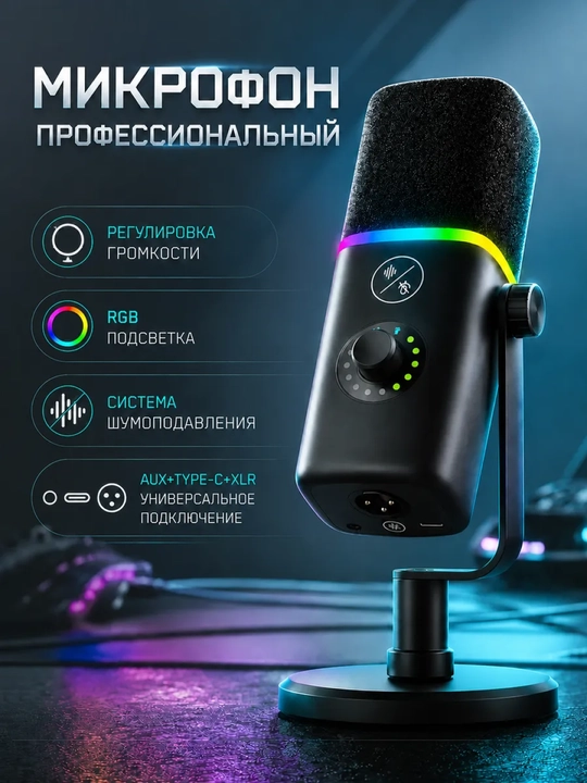 Striming ovoz berish va o‘yinlari uchun professional USB yorug bilan jihozlangan mikrofon - 
