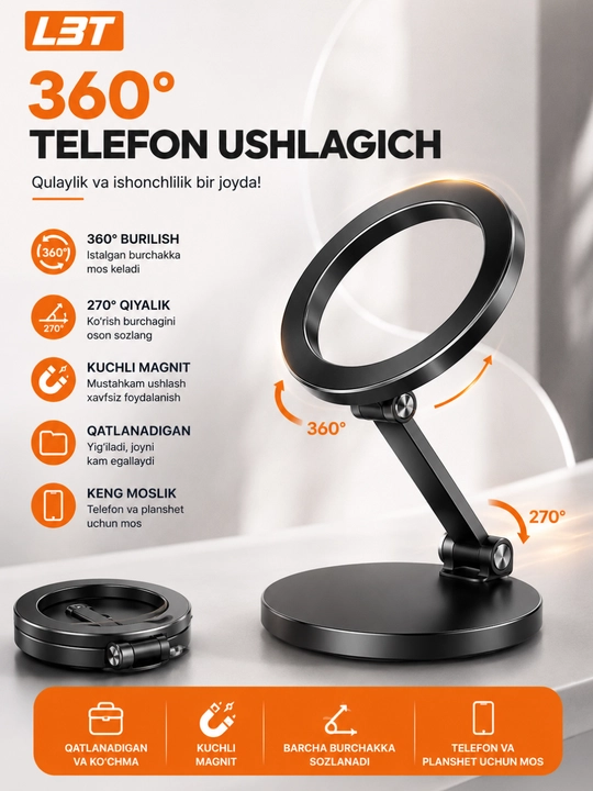 L-919 Telefon uchun magnit taglik - 360° aylanish imkoniyatiga ega°, universal, mustahkam - 