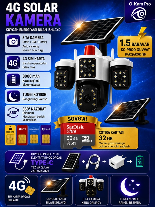 4G Quyosh panel kamera 32Gb 3x3MP=9MP sim kartaga ishlayd ichkari va tashqariga mos 360PTZ - 