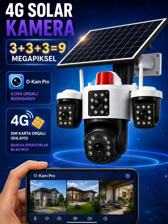 4G Quyosh panel kamera 32Gb 3x3MP=9MP sim kartaga ishlayd ichkari va tashqariga mos 360PTZ