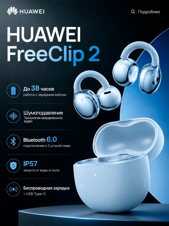 HUAWEI FreeClip 2 quloqchinlari: simsiz TWS, Bluetooth 6.0, IP57 namlikdan himoya - 