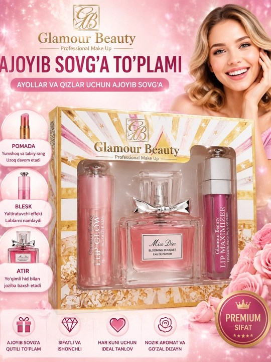 Glamour Beauty ayollar uchun atir, pomada va yaltiratuvchi bleskdan iborat sovg‘a to‘plami - 