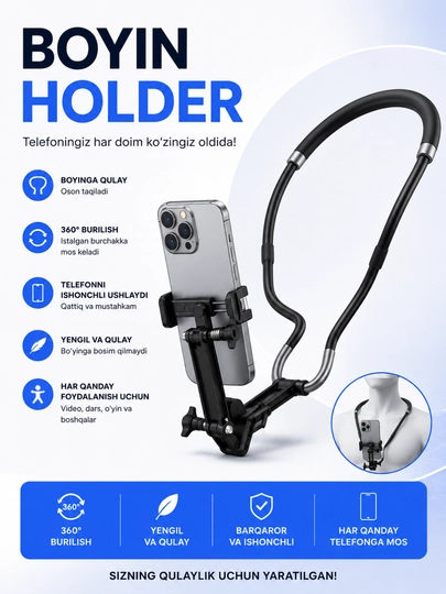 Telefon uchun egiluvchan, ko‘p qirrali bo‘yin tutqichi (Neck Holder Mount) - 
