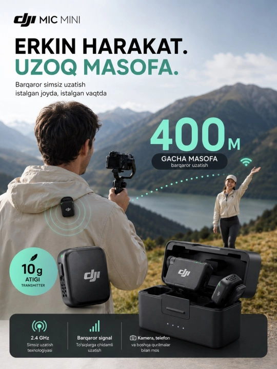 DJI Mic Mini simsiz mikrofon, 2 ta transmitter, receiver, zaryadlash qutisi, kontent uchun