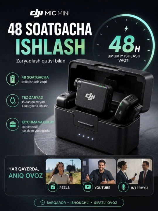 DJI Mic Mini simsiz mikrofon, 2 ta transmitter, receiver, zaryadlash qutisi, kontent uchun