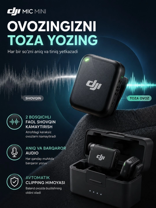 DJI Mic Mini simsiz mikrofon, 2 ta transmitter, receiver, zaryadlash qutisi, kontent uchun