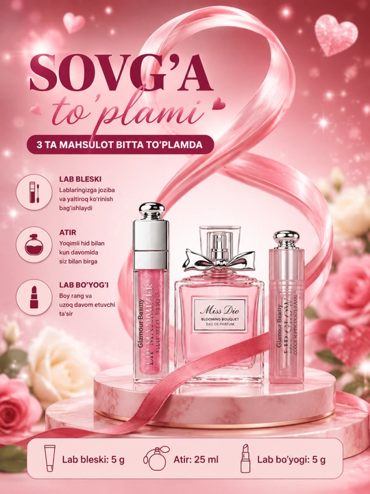 Glamour Beauty ayollar uchun atir, pomada va yaltiratuvchi bleskdan iborat sovg‘a to‘plami
