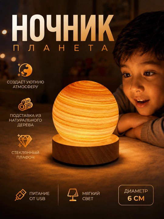 Шар ночник «Планета» стеклянный на деревянной подставке, USB, 6 см - 