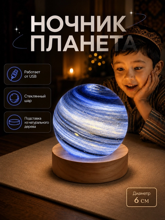 Шар ночник «Планета» стеклянный на деревянной подставке, USB, 6 см - 