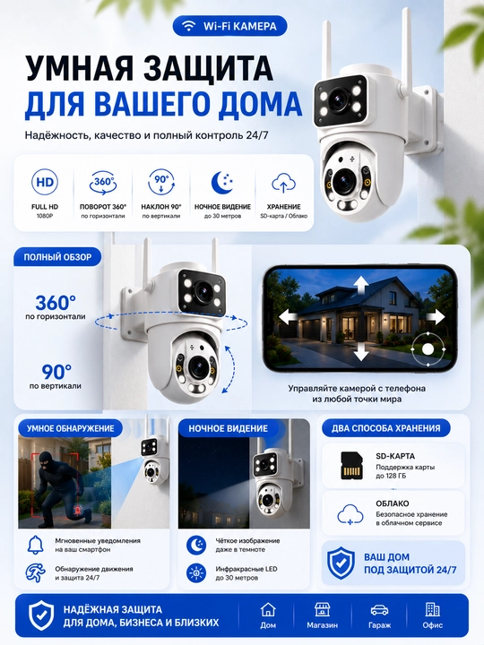 Камера видеонаблюдения, Умная Wi-Fi камера, камера 360 Full HD