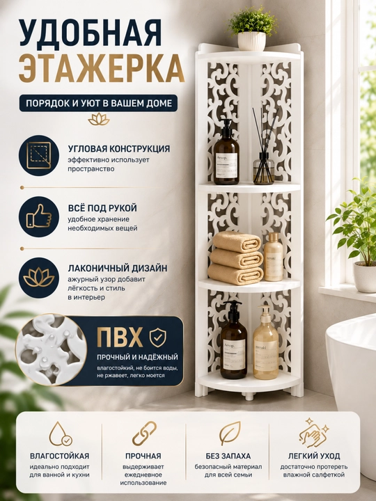 Стеллаж угловой для ванной напольный, полка, этажерка