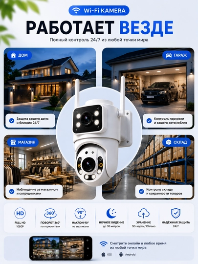 Камера видеонаблюдения, Умная Wi-Fi камера, камера 360 Full HD