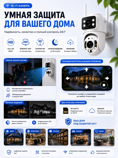 Камера видеонаблюдения, Умная Wi-Fi камера, камера 360 Full HD