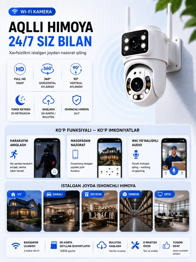 Камера видеонаблюдения, Умная Wi-Fi камера, камера 360 Full HD