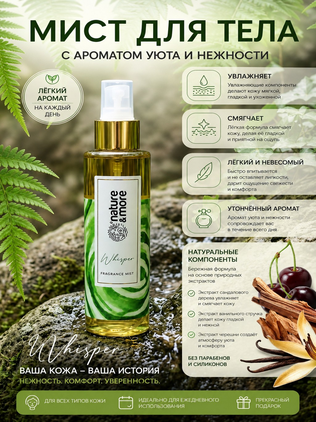 Parfyumli sprey tana va soch uchun, yengil aromat, kundalik tetiklantiruvchi, nafis hid