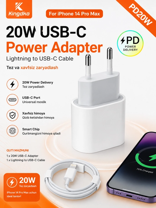 Kingdko 20W USB-C tez zaryadlovchi adapter Lightning kabel bilan - 