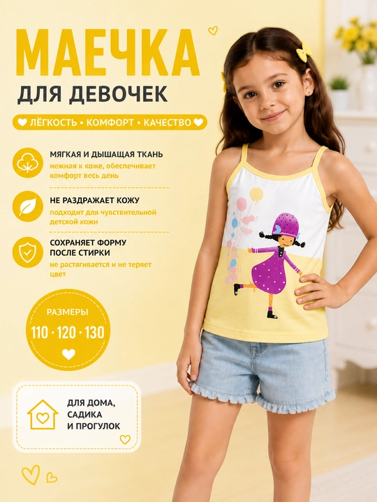 Майка для девочки детская, удобная лёгкая майка на каждый день - 