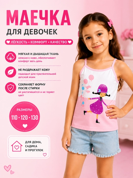Майка для девочки детская, удобная лёгкая майка на каждый день - 