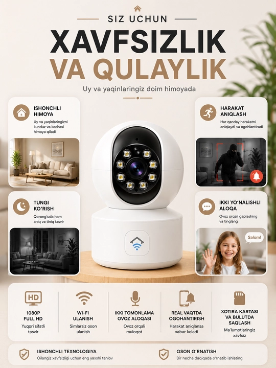 Камера видеонаблюдения, Умная Wi-Fi камера, камера 360 Full HD