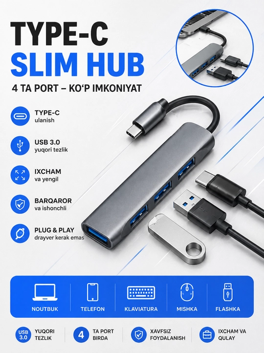 4 portli USB HUB 3.0 Type-C Hub konsentratori, USB porti - 