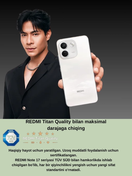 Redmi Note 17 Pro Max, 9210 mA/soat, 100 Vt, yumaloq burchakli klassik dizayn
