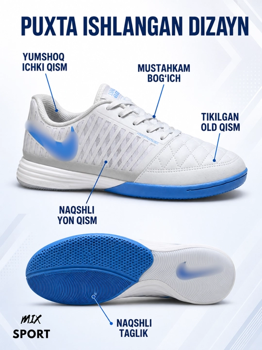 Futzal uchun yengil, qulay va sirpanishga chidamli taglikli sport oyoq kiyimi