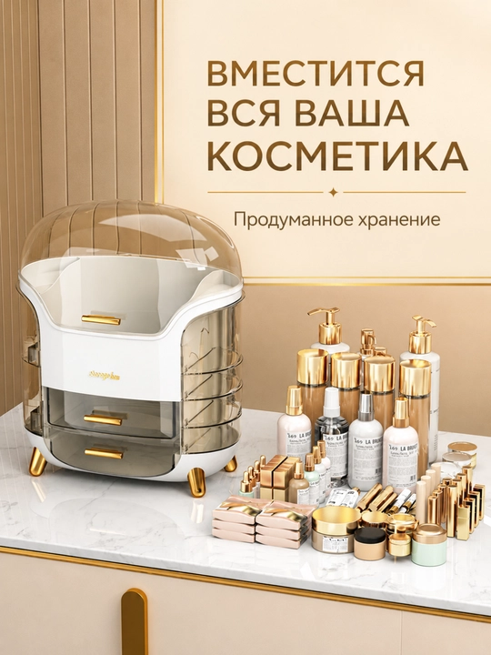 Органайзер для косметики и парфюмерии настольный, с ящиками и прозрачной крышкой