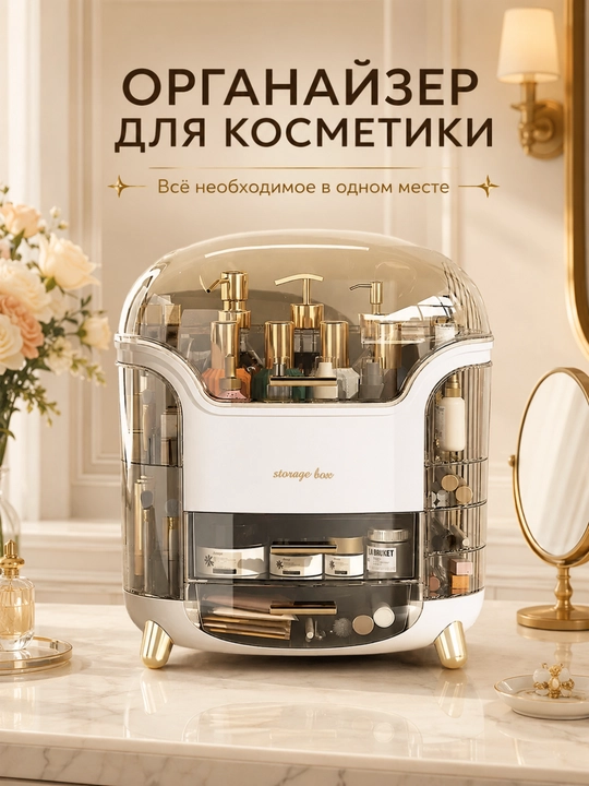 Органайзер для косметики и парфюмерии настольный, с ящиками и прозрачной крышкой - 