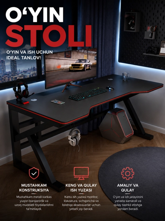 Kompyuter stoli RAMYON, mustahkam metall karkasli, o‘yin va ish uchun, 140×60×74 sm - 