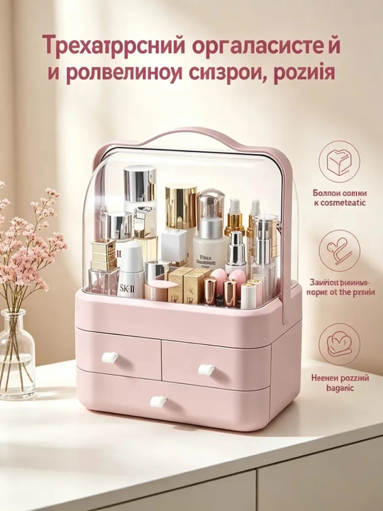 Органайзер для косметики и парфюмерии настольный, с ящиками и прозрачной крышкой