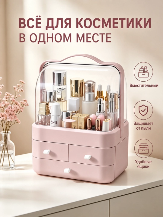 Органайзер для косметики и парфюмерии настольный, с ящиками и прозрачной крышкой