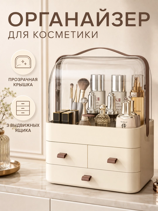 Стильный органайзер-бокс для косметики и парфюмерии с крышкой и выдвижными ящиками - 