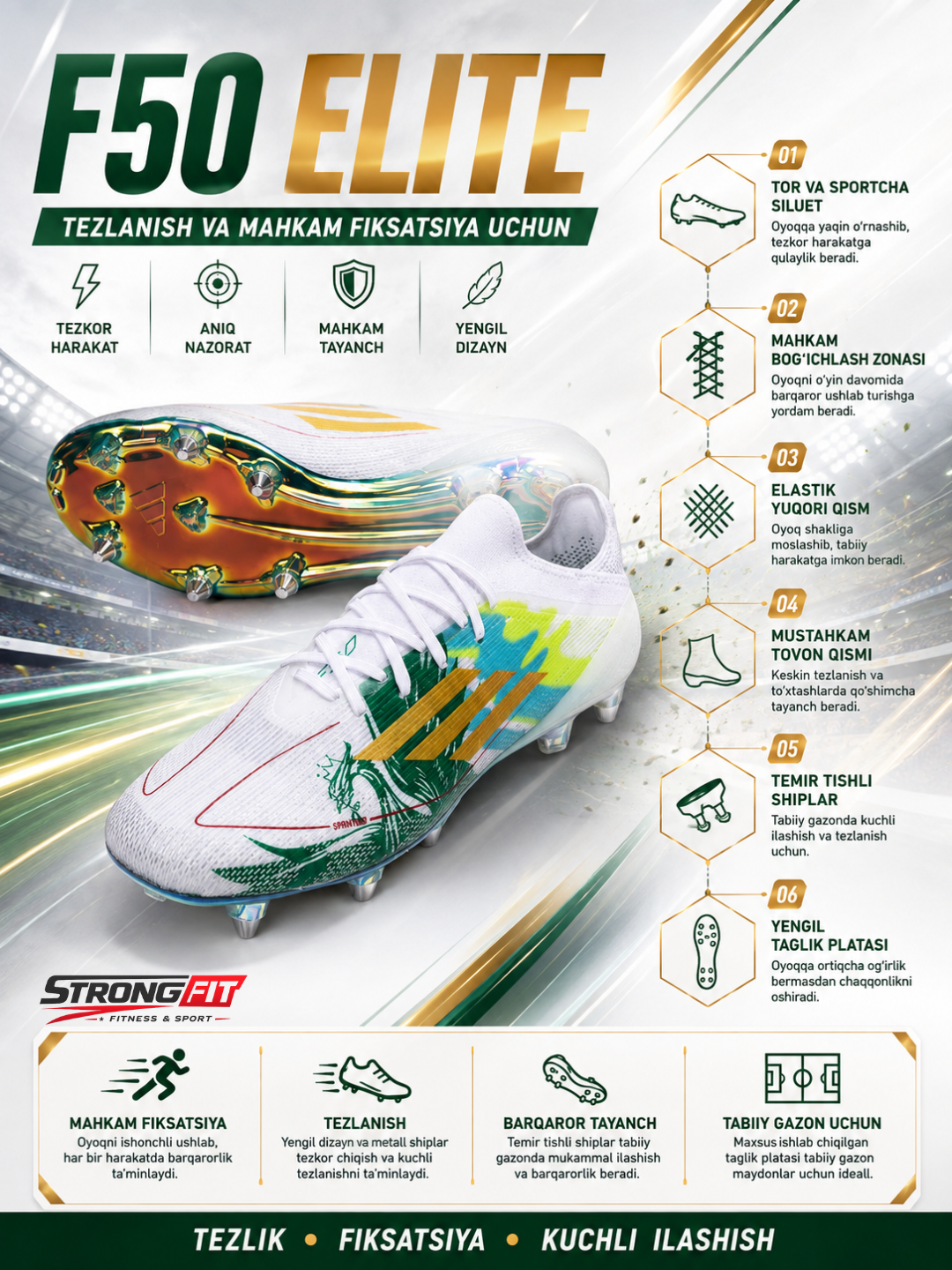 Adidas F50 Elite futbol butsasi, temir tishli, Mohamed Salah maxsus nashri
