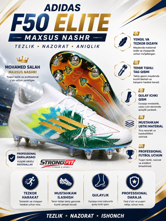 Adidas F50 Elite futbol butsasi, temir tishli, Mohamed Salah maxsus nashri - 